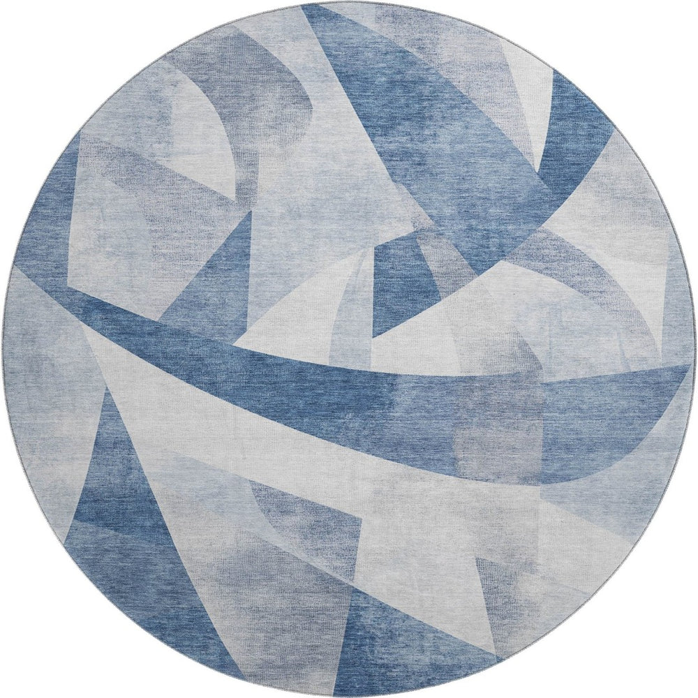 HomeRoots 8' Stylish Denim Blue & Ivory Abstract Round Rug - Washable, UV Protected, Perfect for Busy Homes! 705254