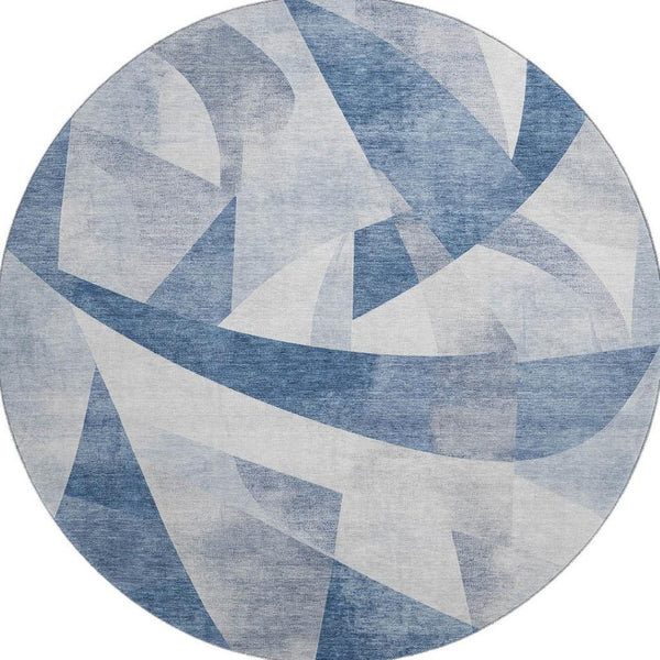 HomeRoots 8' Stylish Denim Blue & Ivory Abstract Round Rug - Washable, UV Protected, Perfect for Busy Homes! 705254