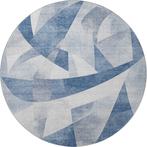 HomeRoots 8' Stylish Denim Blue & Ivory Abstract Round Rug - Washable, UV Protected, Perfect for Busy Homes! 705254