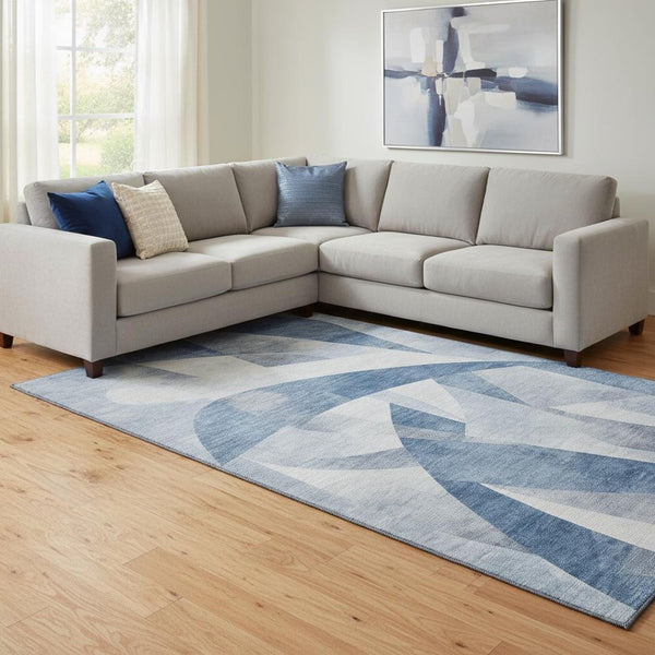 HomeRoots 8' X 10' Denim Blue & Ivory Abstract Geometric Area Rug – Soft, Durable, Stain-Resistant & UV Protected 705255