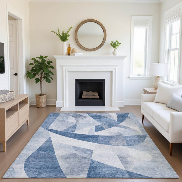 HomeRoots 8' X 10' Denim Blue & Ivory Abstract Geometric Area Rug – Soft, Durable, Stain-Resistant & UV Protected 705255