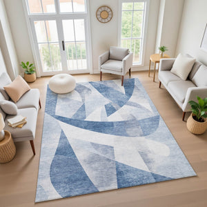 HomeRoots 8' X 10' Denim Blue & Ivory Abstract Geometric Area Rug – Soft, Durable, Stain-Resistant & UV Protected 705255