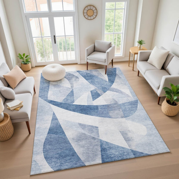 HomeRoots 8' X 10' Denim Blue & Ivory Abstract Geometric Area Rug – Soft, Durable, Stain-Resistant & UV Protected 705255