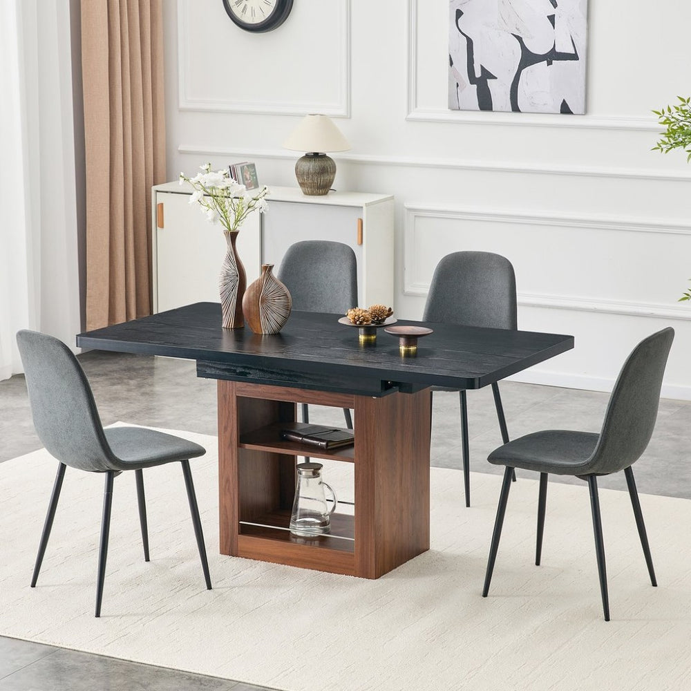 English Elm Expandable Walnut Dining Set with Four Linen Chairs Seats Six in Modern Style Dark Gray,Walnut+Black W1151S04693