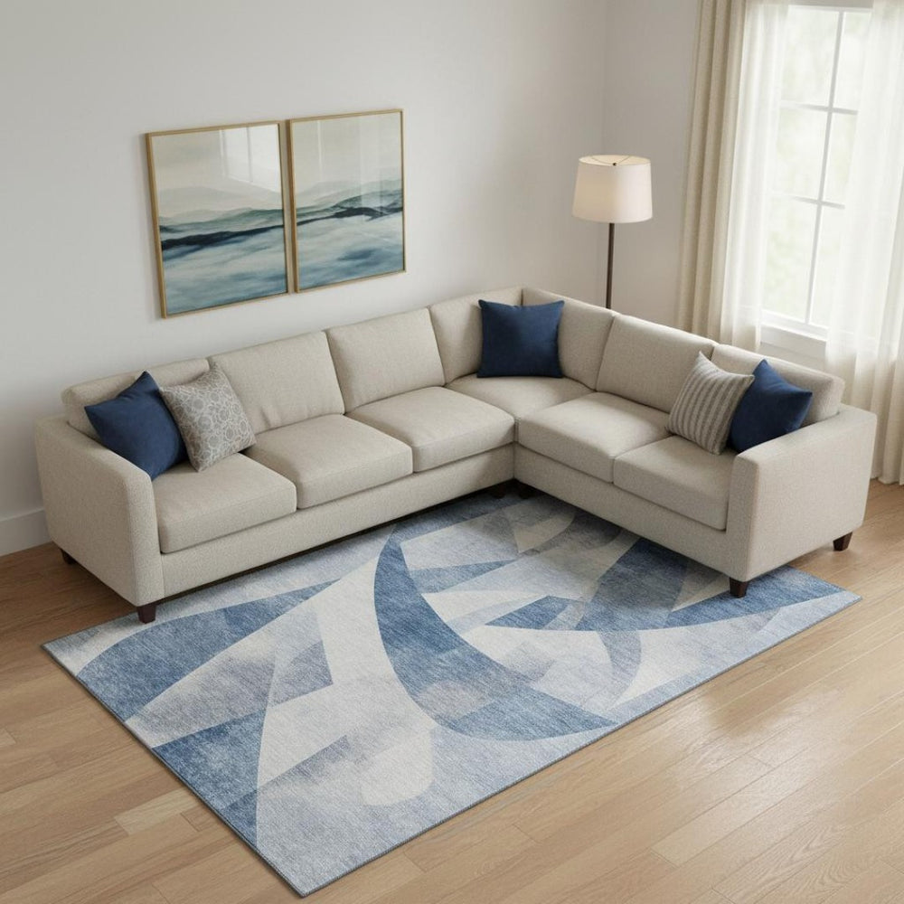 HomeRoots 9' X 12' Stylish Denim Blue & Ivory Abstract Geometric Area Rug - Washable, UV Protected, Durable Design 705256