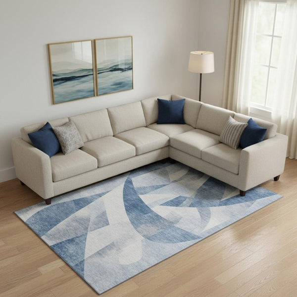 HomeRoots 9' X 12' Stylish Denim Blue & Ivory Abstract Geometric Area Rug - Washable, UV Protected, Durable Design 705256