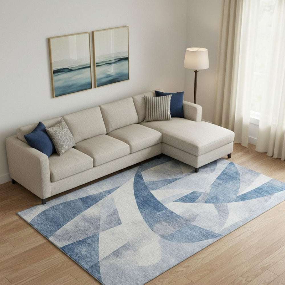 HomeRoots 10' X 14' Denim Blue Abstract Geometric Area Rug - Washable, UV Protected, Durable for High-Traffic Spaces 705257