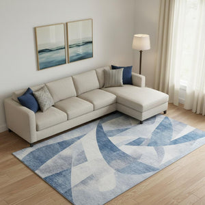 HomeRoots 10' X 14' Denim Blue Abstract Geometric Area Rug - Washable, UV Protected, Durable for High-Traffic Spaces 705257