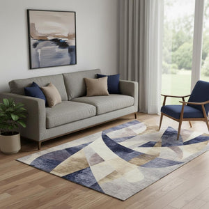 HomeRoots 5' X 8' Washable Area Rug in Navy, Ivory & Brown - Stylish Abstract Design with UV Protection & Durability 705259