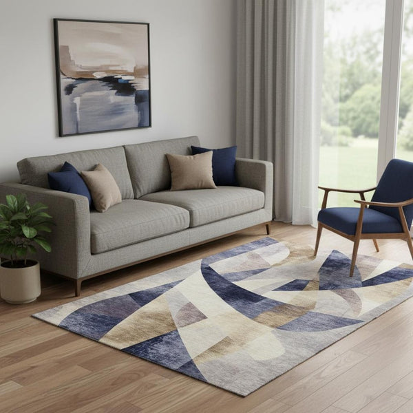 HomeRoots 5' X 8' Washable Area Rug in Navy, Ivory & Brown - Stylish Abstract Design with UV Protection & Durability 705259