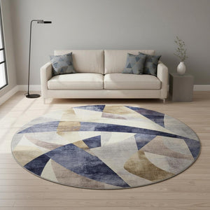 HomeRoots 8' Washable Round Rug in Navy Blue, Ivory & Brown - Durable, UV-Protected, Modern Geometric Design 705260