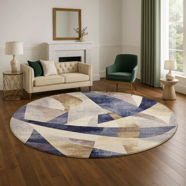HomeRoots 8' Washable Round Rug in Navy Blue, Ivory & Brown - Durable, UV-Protected, Modern Geometric Design 705260