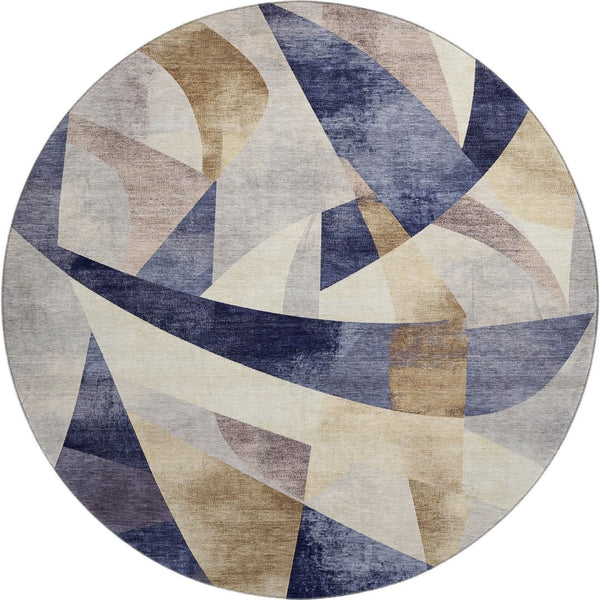 HomeRoots 8' Washable Round Rug in Navy Blue, Ivory & Brown - Durable, UV-Protected, Modern Geometric Design 705260