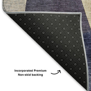 HomeRoots 8' Washable Round Rug in Navy Blue, Ivory & Brown - Durable, UV-Protected, Modern Geometric Design 705260