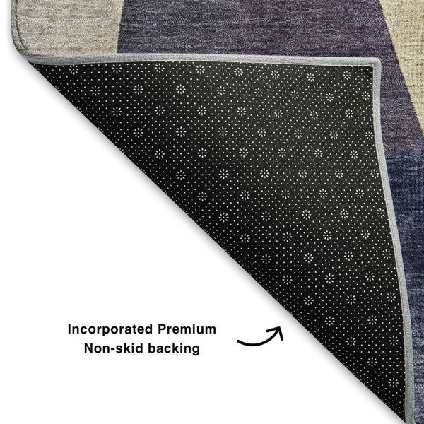 HomeRoots 8' Washable Round Rug in Navy Blue, Ivory & Brown - Durable, UV-Protected, Modern Geometric Design 705260