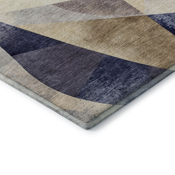 HomeRoots 8' Washable Round Rug in Navy Blue, Ivory & Brown - Durable, UV-Protected, Modern Geometric Design 705260