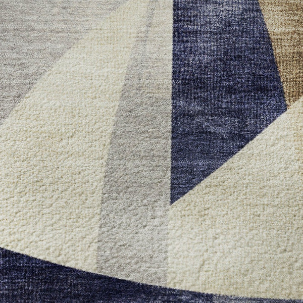 HomeRoots 8' Washable Round Rug in Navy Blue, Ivory & Brown - Durable, UV-Protected, Modern Geometric Design 705260