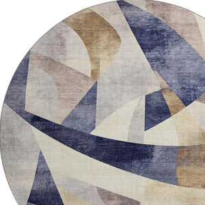HomeRoots 8' Washable Round Rug in Navy Blue, Ivory & Brown - Durable, UV-Protected, Modern Geometric Design 705260