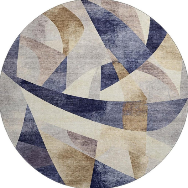 HomeRoots 8' Washable Round Rug in Navy Blue, Ivory & Brown - Durable, UV-Protected, Modern Geometric Design 705260