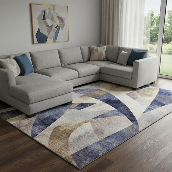 HomeRoots 8' X 10' Abstract Geometric Area Rug in Navy Blue, Ivory & Brown - Washable, UV Protected, Durable Design 705261