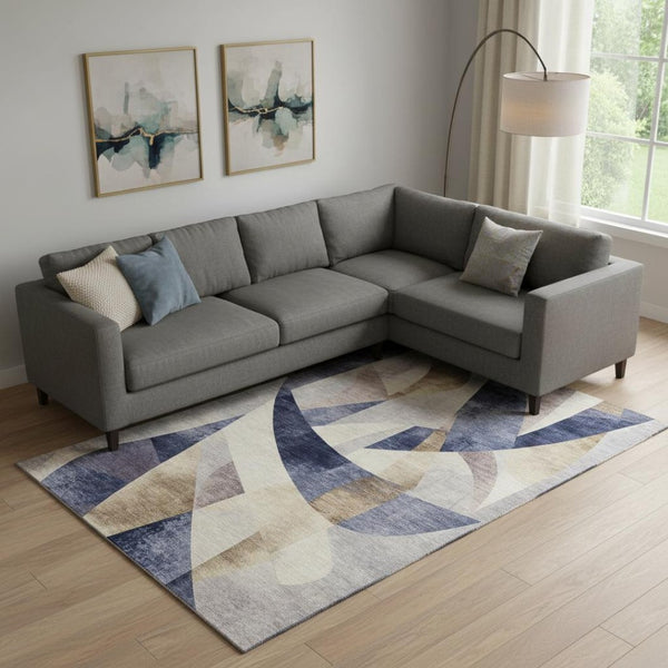 HomeRoots 9' X 12' Stylish Navy Blue Abstract Geometric Area Rug - Washable, UV-Protected & Stain-Resistant Design 705262