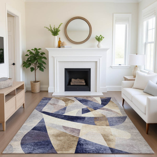 HomeRoots 9' X 12' Stylish Navy Blue Abstract Geometric Area Rug - Washable, UV-Protected & Stain-Resistant Design 705262