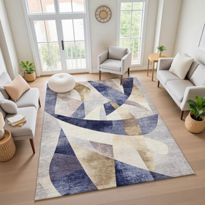 HomeRoots 10' X 14' Navy Blue Abstract Geometric Area Rug - Durable, Washable, UV Protection, Perfect for Homes 705263