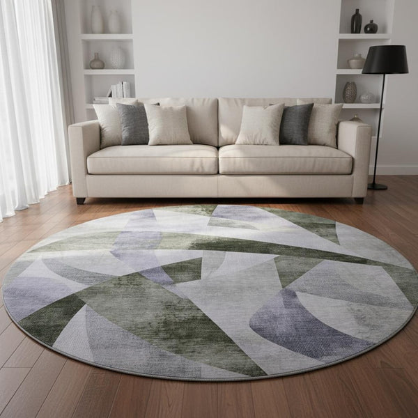HomeRoots 8' Olive Green & Purple Abstract Geometric Round Rug - Washable, UV Protected, Durable for Homes 705266