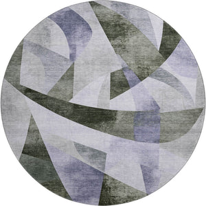 HomeRoots 8' Olive Green & Purple Abstract Geometric Round Rug - Washable, UV Protected, Durable for Homes 705266