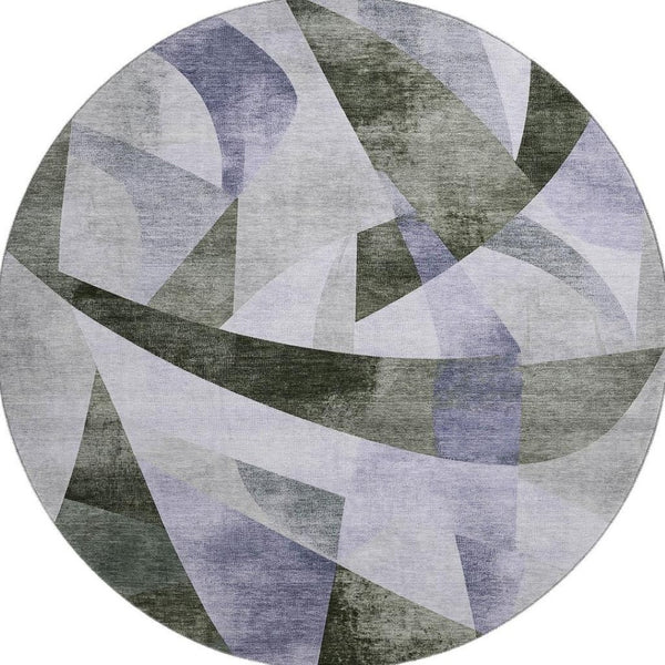 HomeRoots 8' Olive Green & Purple Abstract Geometric Round Rug - Washable, UV Protected, Durable for Homes 705266