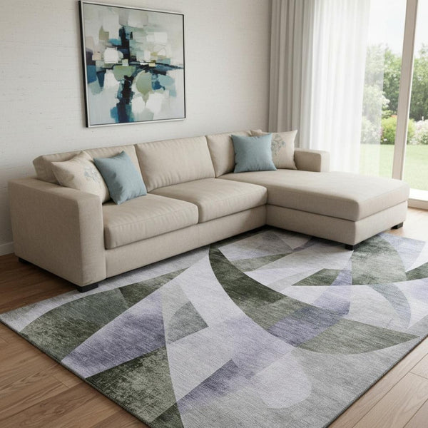 HomeRoots 8' X 10' Stylish Olive Green & Purple Abstract Geometric Area Rug - Washable, UV Protected & Durable 705267