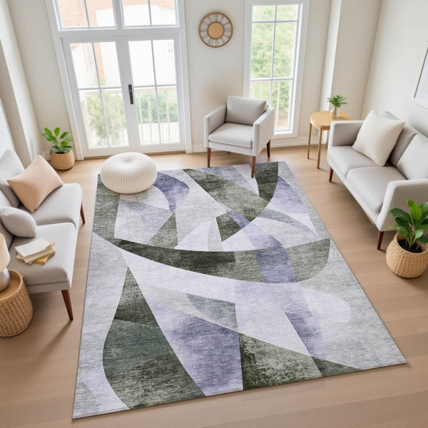 HomeRoots 8' X 10' Stylish Olive Green & Purple Abstract Geometric Area Rug - Washable, UV Protected & Durable 705267