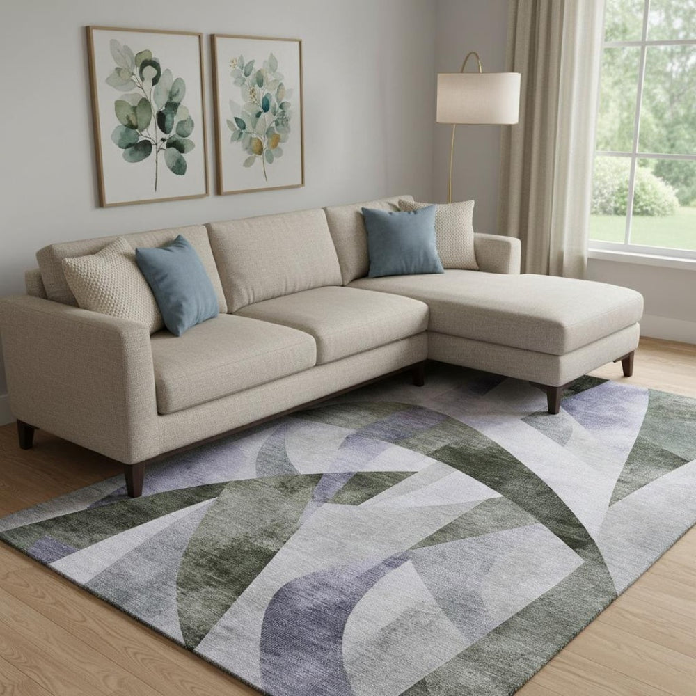 HomeRoots 9' X 12' Olive Green & Purple Abstract Geometric Area Rug – Washable, UV-Protected, Ideal for Families 705268