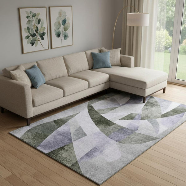 HomeRoots 10' X 14' Olive Green & Purple Abstract Geometric Washable Area Rug - Kid & Pet Friendly Design 705269