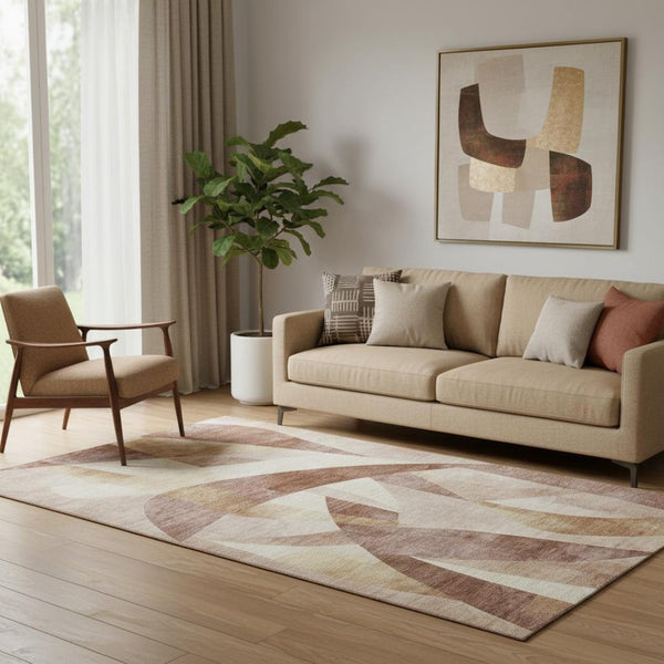 HomeRoots 5' X 8' Abstract Geometric Washable Area Rug in Rust & Copper - UV Protected, Stain Resistant Design! 705271