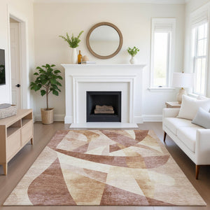 HomeRoots 5' X 8' Abstract Geometric Washable Area Rug in Rust & Copper - UV Protected, Stain Resistant Design! 705271