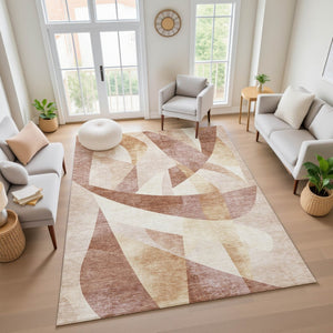 HomeRoots 5' X 8' Abstract Geometric Washable Area Rug in Rust & Copper - UV Protected, Stain Resistant Design! 705271