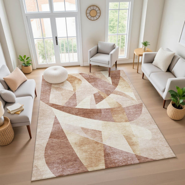 HomeRoots 5' X 8' Abstract Geometric Washable Area Rug in Rust & Copper - UV Protected, Stain Resistant Design! 705271