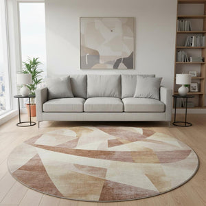 HomeRoots 8' Rust Copper and Wheat Abstract Round Rug - Washable, Stain-Resistant, UV-Protected for Modern Homes 705272