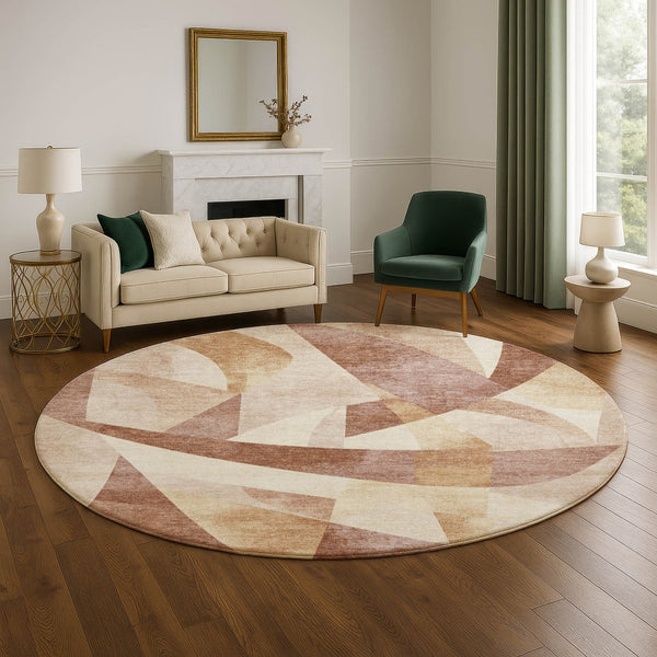 HomeRoots 8' Rust Copper and Wheat Abstract Round Rug - Washable, Stain-Resistant, UV-Protected for Modern Homes 705272