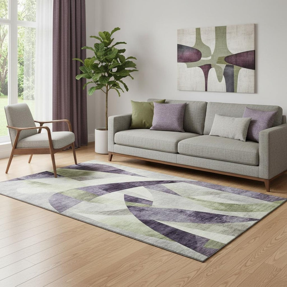 HomeRoots 5' X 8' Abstract Geometric Washable Area Rug in Purple, Ivory & Green - UV Protected & Non-Slip 705277