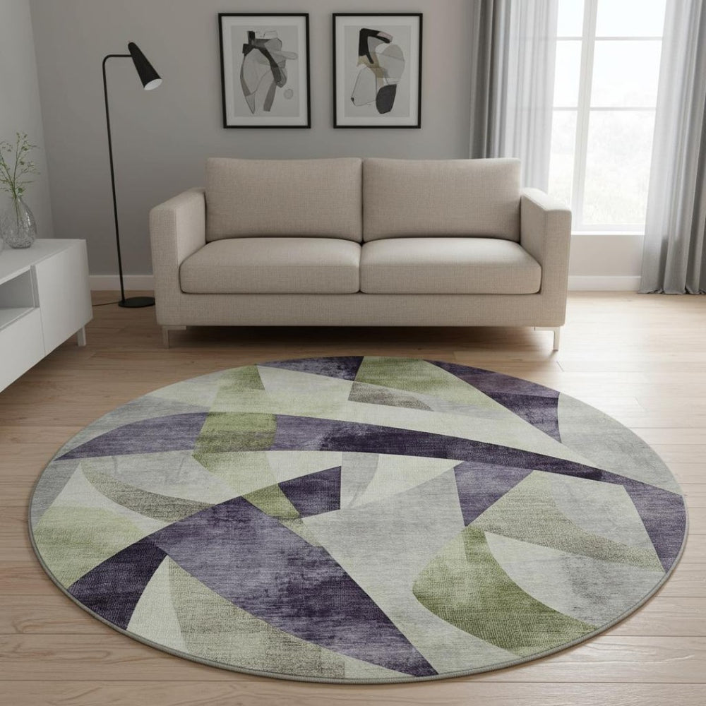 HomeRoots 8' Abstract Geometric Round Rug in Purple, Ivory & Green - Washable, UV Protected & Durable Design 705278