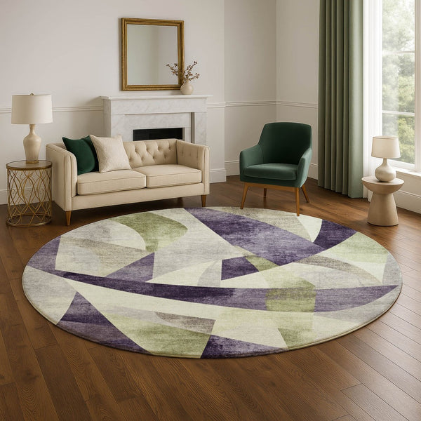 HomeRoots 8' Abstract Geometric Round Rug in Purple, Ivory & Green - Washable, UV Protected & Durable Design 705278
