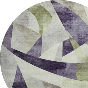 HomeRoots 8' Abstract Geometric Round Rug in Purple, Ivory & Green - Washable, UV Protected & Durable Design 705278