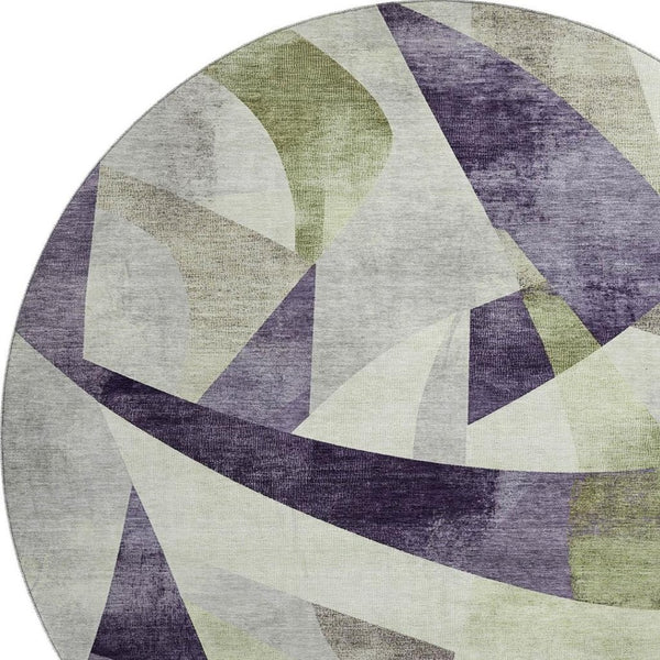 HomeRoots 8' Abstract Geometric Round Rug in Purple, Ivory & Green - Washable, UV Protected & Durable Design 705278