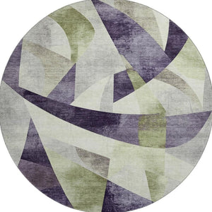 HomeRoots 8' Abstract Geometric Round Rug in Purple, Ivory & Green - Washable, UV Protected & Durable Design 705278