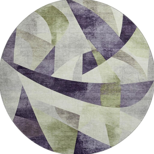 HomeRoots 8' Abstract Geometric Round Rug in Purple, Ivory & Green - Washable, UV Protected & Durable Design 705278