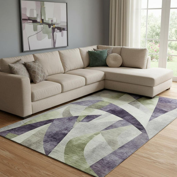 HomeRoots 8' X 10' Stylish Purple, Ivory & Green Abstract Geometric Area Rug - Washable & UV Protected Design 705279