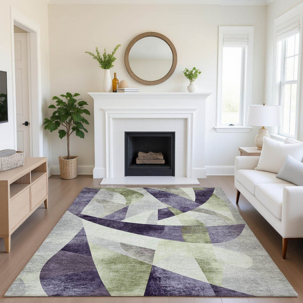 HomeRoots 8' X 10' Stylish Purple, Ivory & Green Abstract Geometric Area Rug - Washable & UV Protected Design 705279