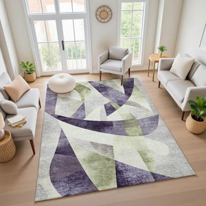 HomeRoots 8' X 10' Stylish Purple, Ivory & Green Abstract Geometric Area Rug - Washable & UV Protected Design 705279